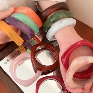 Retro Resin Geometric Square Bangle Bracelet Wide Thick Marble Pattern Colorful Fashion Jewelry For Women