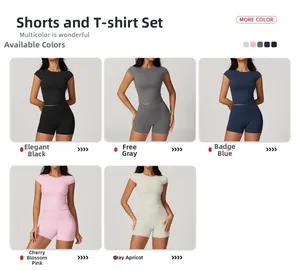 Professional display of quick-dry yoga sets in five colors including tops and shorts