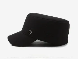 Side view of black wool cadet cap with thick thermal lining and silver shield emblem