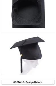 Detailed interior and side view of a black academic graduation cap with matching tassel