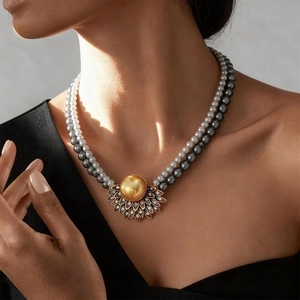 Collana A Doppio Strato Di Künstliche Perle Di Vetro Grigie Vintage Elegante Ciondolo Girasole Lega Con Strass Regolabile