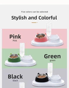 Detail view of the tilted stainless steel double pet bowl with automatic water dispenser