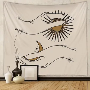 Bohemian Wall Tapestry Polyester Sun Moon Stars Hands Minimalist Line Art Aesthetic Hanging Decor For Bedroom Living Room