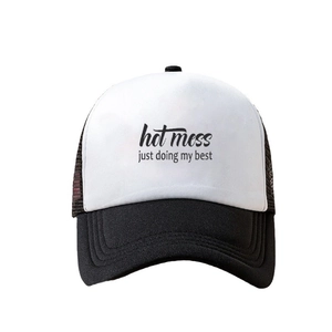 Classic black and white mesh trucker hat with hot mess just doing my best text print