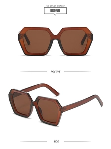 Detail view of stylish brown geometric hexagonal sunglasses in front and side angles