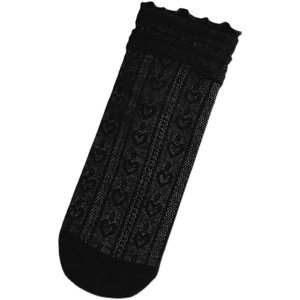 Black lace crew socks with heart patterns and ruffle cuffs for women in lolita style