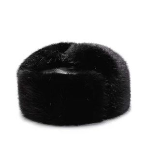 Winter faux fox fur aviator hat with thick black leather top and ear flaps for warmth