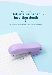 Mini purple stapler detail showing 45mm adjustable paper depth and compact plastic shell
