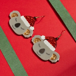 Cute koala Christmas earrings with red glitter Santa hats and gold metal hooks