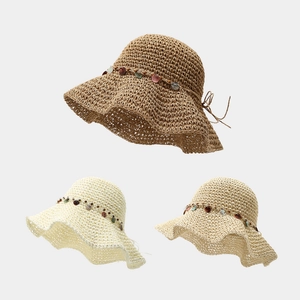 Crochet Straw Sun Hat With Wood Beads And Shell Pendants Wide Wavy Brim Breathable Summer Beach Vacation Bohemian Women