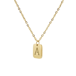 18k gold plated stainless steel rectangle pendant necklace with letter A engraving