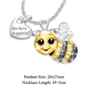 Charming bee necklace with heart pendant and sparkling crystals on a silver chain
