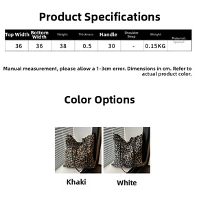 Size chart showing large leopard print tote bag dimensions 36x38cm for daily usage