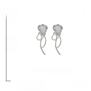 Detailed view showing dimensions and materials of white lace flower crystal tassel earrings