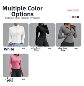 Vue détaillée de la veste de yoga en quatre couleurs avec passe-pouces et zip