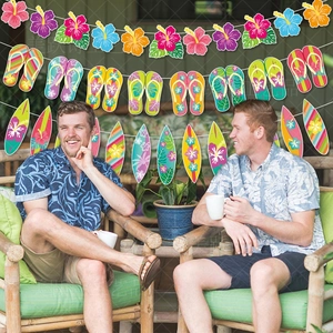 Hawaiian party banner with hibiscus flowers, flip-flops and surfboards for summer decor
