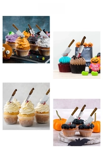 Detail showing bloody butcher knife cupcake toppers for Halloween party cake decorations