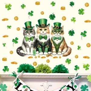 Adesivi murali San Patrizio con gatti festivi, quadrifogli e monete d'oro per decoro