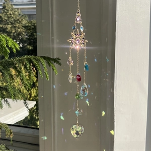 Close-up of crystal suncatcher casting vibrant rainbow reflections on the wall