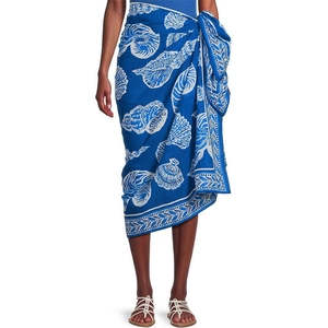 Bright blue beach wrap skirt with white shell print and side tie closure for women