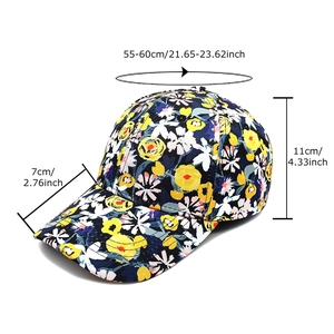 Casquette de baseball à fleurs bleu marine avec dimensions et sangle de réglage