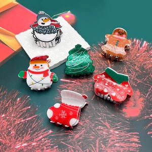 Christmas Hair Claws Acrylic Cartoon Snowman Gingerbread Man Tree Sock Glove Pattern Holiday Party Accessories For Women