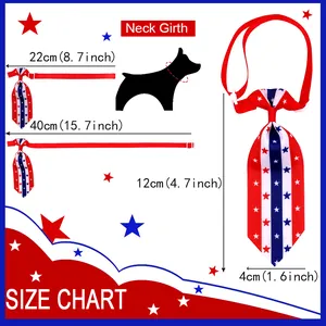 Size chart for American Independence Day dog necktie with adjustable neck girth measurements