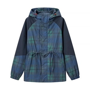 Women Hooded Windbreaker Jacket Plaid Patchwork Drawstring Waist Polyester Lightweight Casual Outerwear