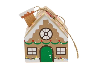 Detailed view of gingerbread house Christmas treat box with chimney and twine tie