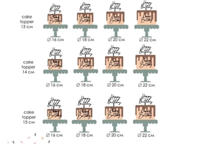 Size comparison chart showing 13, 14, and 15 cm acrylic cake toppers on various cake diameters