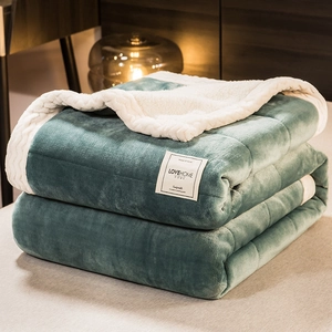 Thickened double-layer milk velvet blanket in dark green and ivory for winter warmth