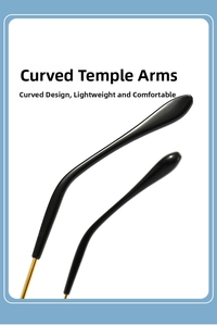 Detail of ergonomic curved temple tips in black glossy finish for lightweight comfort