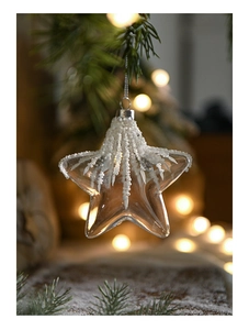Macro shot of clear star-shaped Christmas ornament with white beads and ice details