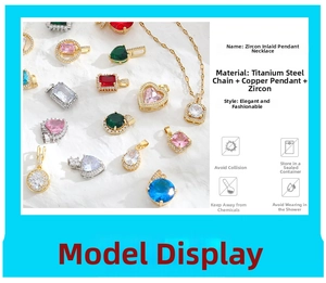 Détails de divers pendentifs en zircon coloré sur des colliers en acier titane