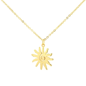 Elegant gold sun pendant necklace with spiral center and radiant rays on thin chain