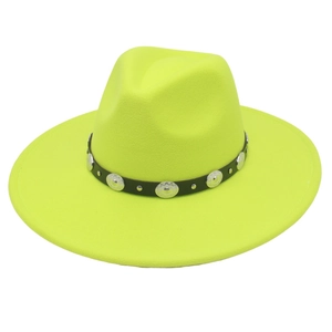 Detail showing the fluorescent yellow felt fedora with a black studded metal band