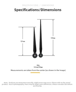 Detailed size chart for matte black metal clock hands, 192mm minute and 151mm hour hand