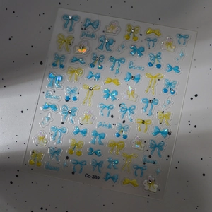 Adesivi per unghie 3D con fiocchi blu e gialli e strass brillanti, modello Co-389