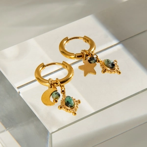 Golden stainless steel hoop earrings with star moon charms and green natural stone