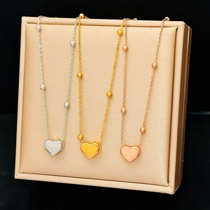 Elegant Heart Pendant Necklace Titanium Steel Round Bead O-Chain Simple French Style Jewelry For Women