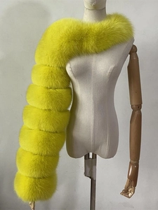 Detail of neon green faux fox fur shawl with segmented stitching on a mannequin