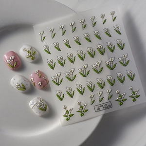 5D embossed calla lily nail stickers TS-033 with white flowers and green leaves effect