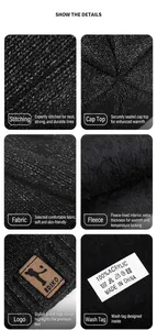 Close-up details of men's winter knitted beanie with soft fleece lining and brand patch