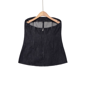 Dunkelblaues Denim-Bustier-Top für Damen mit Metallreißverschluss und Schößchen-Saum