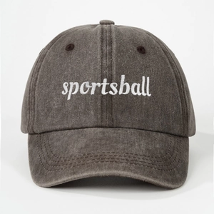 Vintage washed cotton baseball cap in charcoal gray with white sportsball embroidery