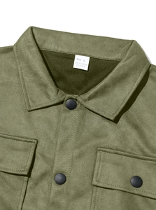 Detail view of olive green faux suede jacket collar with premium black buttons and pocket