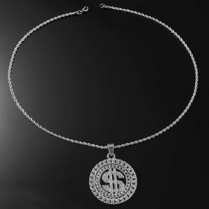 Close-up of hip-hop rope chain necklace with silver dollar sign spinning diamond pendant