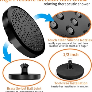Matte black high pressure shower head with 1/2 inch brass swivel ball and silicone nozzles
