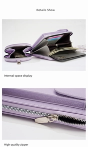 Detail showing purple wallet interior with card slots and high-quality silver zipper