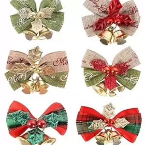 Detailed grid view of six linen Christmas bows with festive bells and holly decorations
